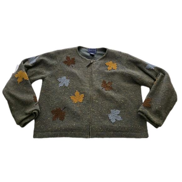 Vintage The Eagles Eye Cardigan Sweater Womens L Green Fall Leaves Zip Up Autumn - Picture 1 of 10